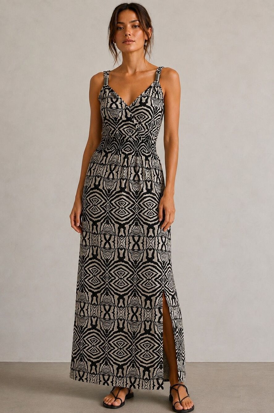 Italian Luxury Boutique Cotton Blend Maxi Dress Beige Black Abstract Print Size